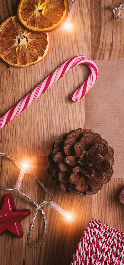 gingerbread house cookies in front of christmas lights