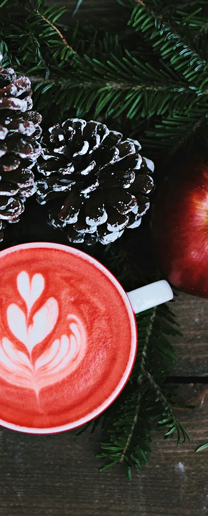 greenery, pinecones, an apple and red drink in coffee cup with latte art